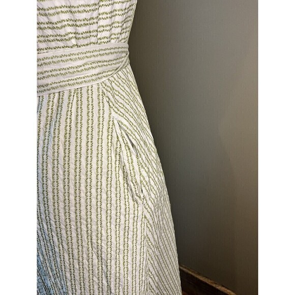 Ann Mashburn Full Zip Sleeveless Green/Cream Belted Pocket Midi Dress L 100% Cot - Picture 5 of 11